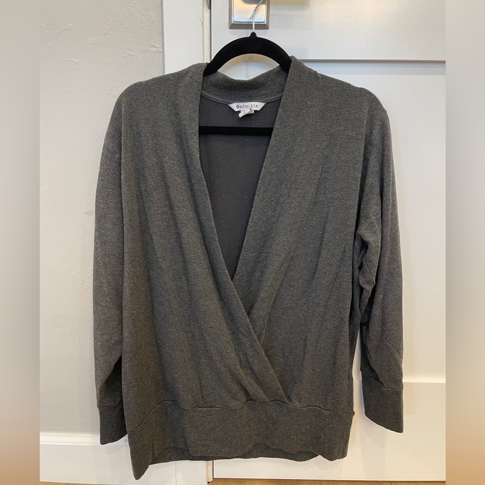 Athleta Purana V neck wrap sweatshirt. Black Heather. Size L